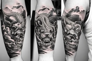 lions head ontop of a dragons head on top of a tower

like https://www.pinterest.com/pin/586945763960465815/ tattoo idea