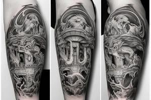 lions head ontop of a dragons head on top of a tower

like https://www.pinterest.com/pin/586945763960465815/ tattoo idea