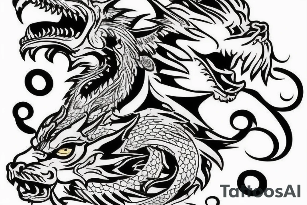 lions head on top of a dragons head on top of a tower
like https://www.pinterest.com/pin/586945763960465815/ tattoo idea