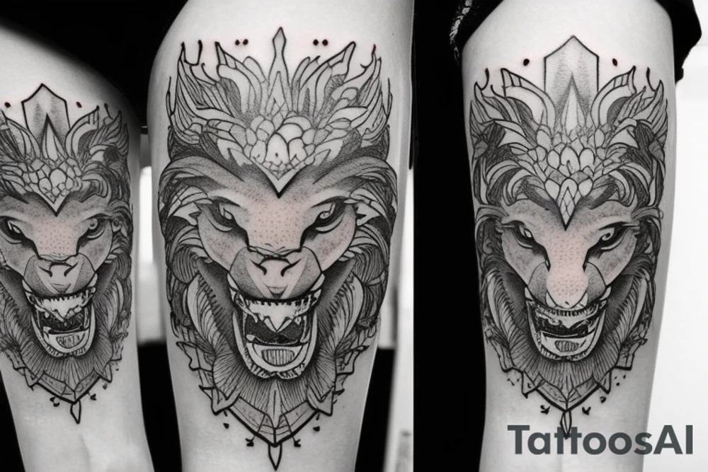 lions head on top of a dragons head on top of a tower
like https://www.pinterest.com/pin/586945763960465815/ tattoo idea