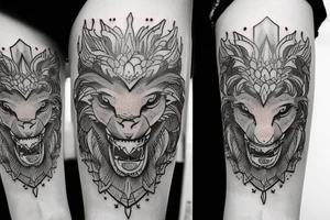 lions head on top of a dragons head on top of a tower

like https://www.pinterest.com/pin/586945763960465815/ tattoo idea