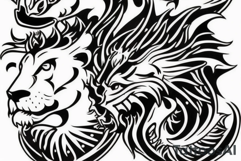 lions head on top of a dragons head on top of a tower
like https://www.pinterest.com/pin/586945763960465815/ tattoo idea