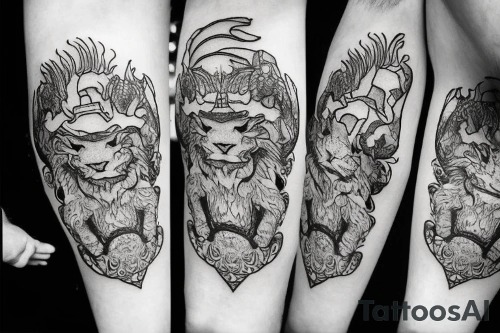 lions head on top of a dragons head on top of a tower
like https://www.pinterest.com/pin/586945763960465815/ tattoo idea