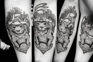 lions head on top of a dragons head on top of a tower

like https://www.pinterest.com/pin/586945763960465815/ tattoo idea
