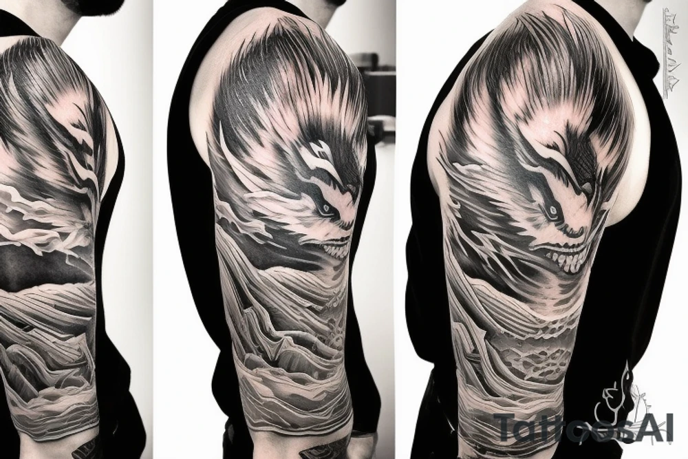 shoulder sleeve tattoo white dragon climbing ridgeline with sharp claws, silky hair tattoo idea