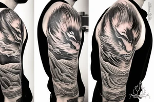 shoulder sleeve tattoo white dragon climbing ridgeline with sharp claws, silky hair tattoo idea
