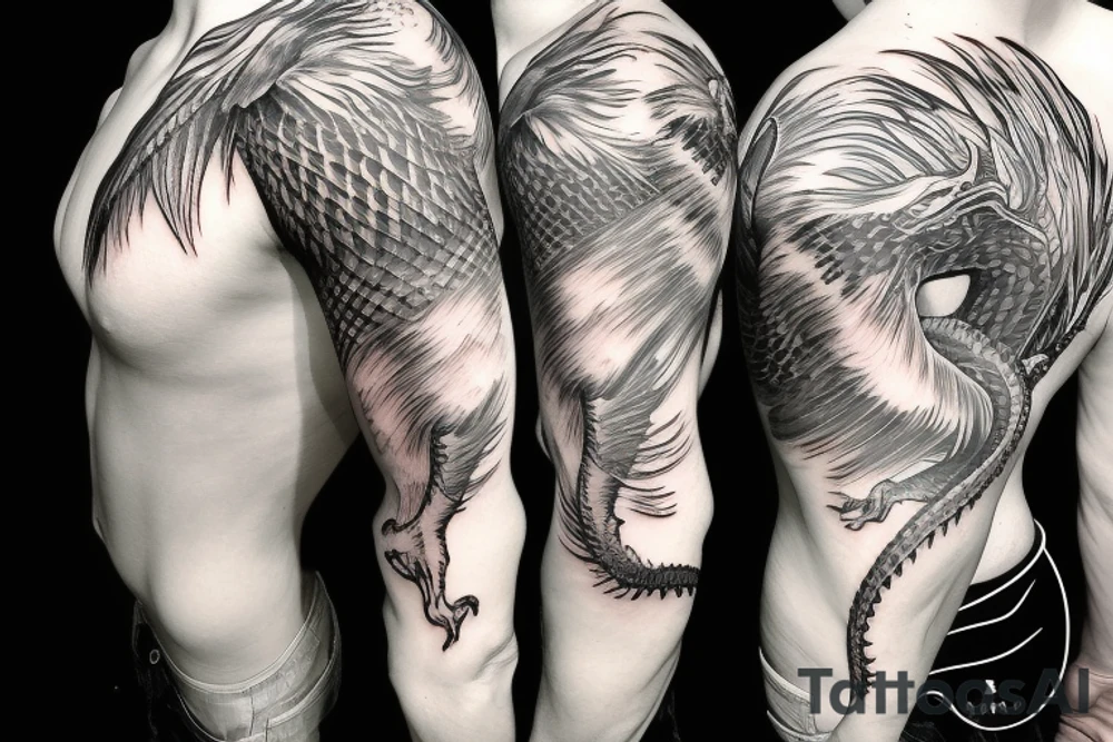 shoulder sleeve tattoo white dragon climbing ridgeline with sharp claws, silky hair tattoo idea