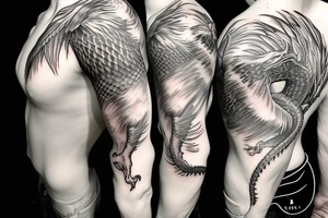 shoulder sleeve tattoo white dragon climbing ridgeline with sharp claws, silky hair tattoo idea