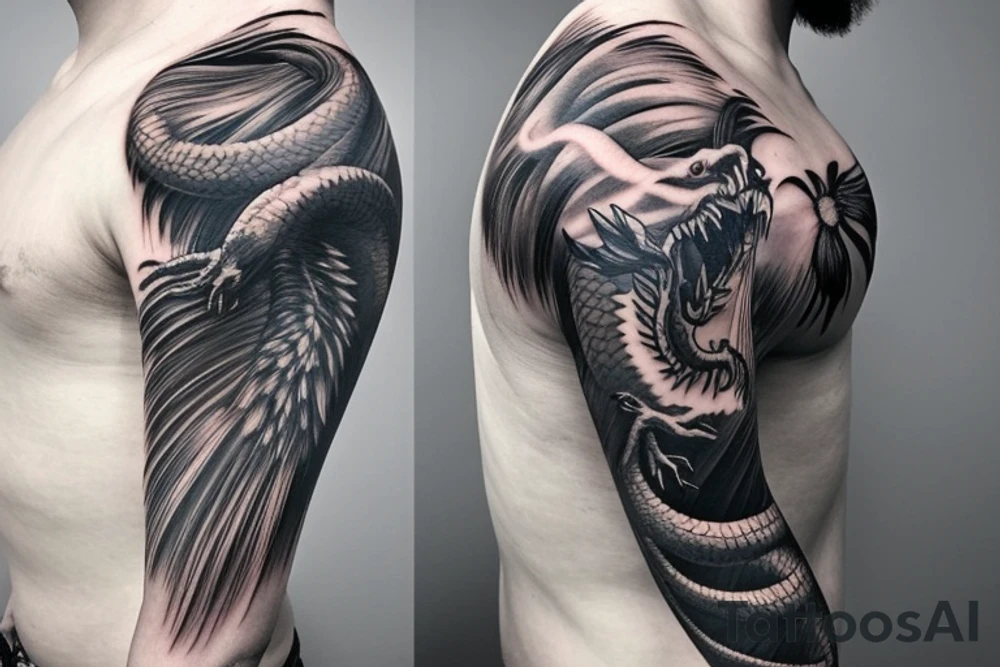 shoulder sleeve tattoo white dragon climbing ridgeline with sharp claws breaking rocks away, silky hair tattoo idea