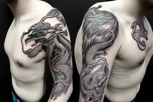shoulder sleeve tattoo white dragon climbing ridgeline with sharp claws breaking rocks away, silky hair tattoo idea
