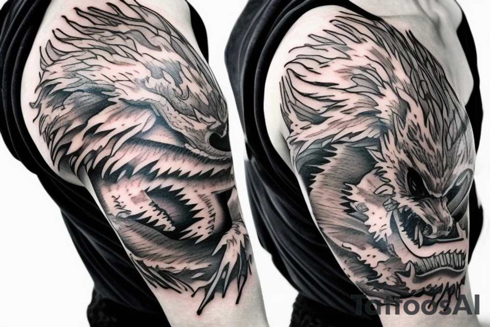shoulder sleeve tattoo white dragon climbing ridgeline with sharp claws breaking rocks away, silky hair.

high detail
hair not too long tattoo idea