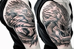 shoulder sleeve tattoo white dragon climbing ridgeline with sharp claws breaking rocks away, silky hair.

high detail
hair not too long tattoo idea