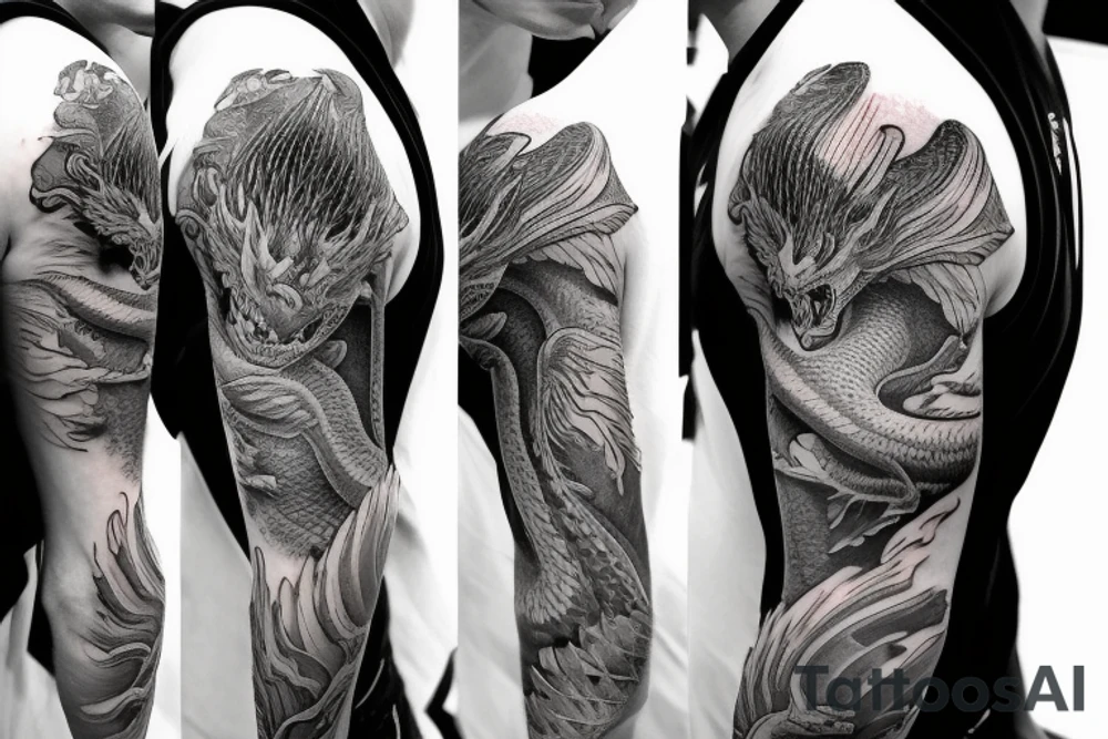 shoulder sleeve tattoo white dragon climbing ridgeline with sharp claws breaking rocks away, silky hair.

high detail
hair not too long tattoo idea