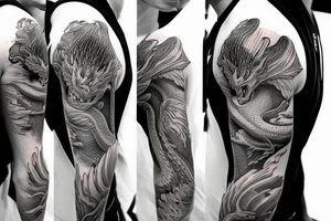 shoulder sleeve tattoo white dragon climbing ridgeline with sharp claws breaking rocks away, silky hair.

high detail
hair not too long tattoo idea
