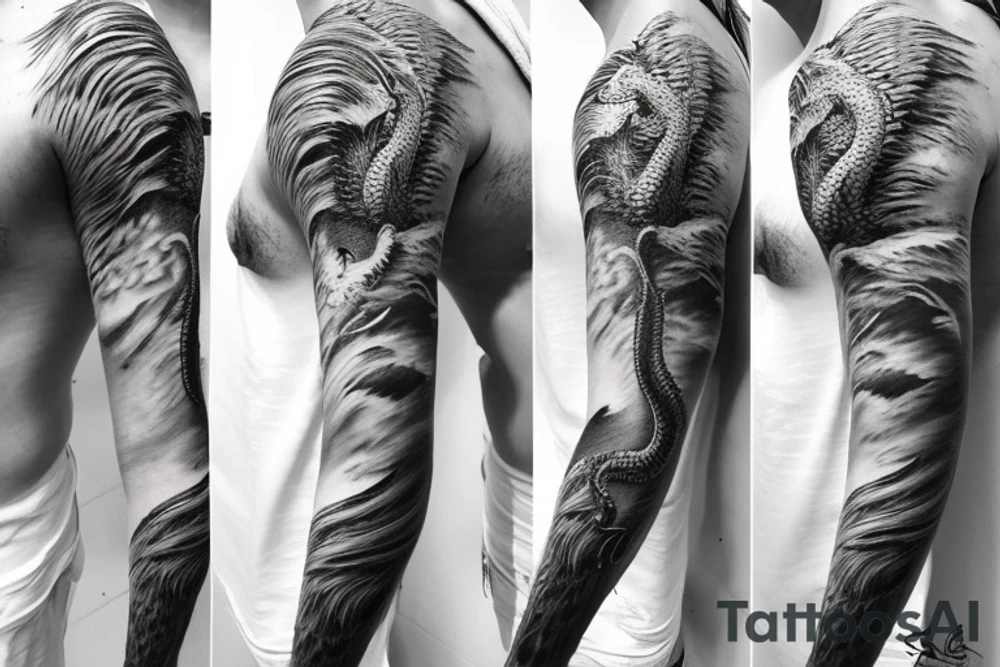 shoulder sleeve tattoo white dragon climbing ridgeline with sharp claws breaking rocks away, silky hair.

high detail
hair not too long
abstract empty spaces tattoo idea