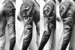 shoulder sleeve tattoo white dragon climbing ridgeline with sharp claws breaking rocks away, silky hair.

high detail
hair not too long
abstract empty spaces tattoo idea