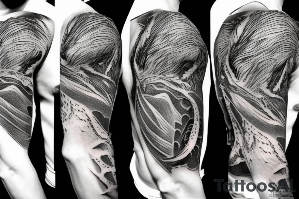shoulder sleeve tattoo white dragon climbing ridgeline with sharp claws breaking rocks away, silky hair.

high detail
hair not too long
abstract empty spaces tattoo idea