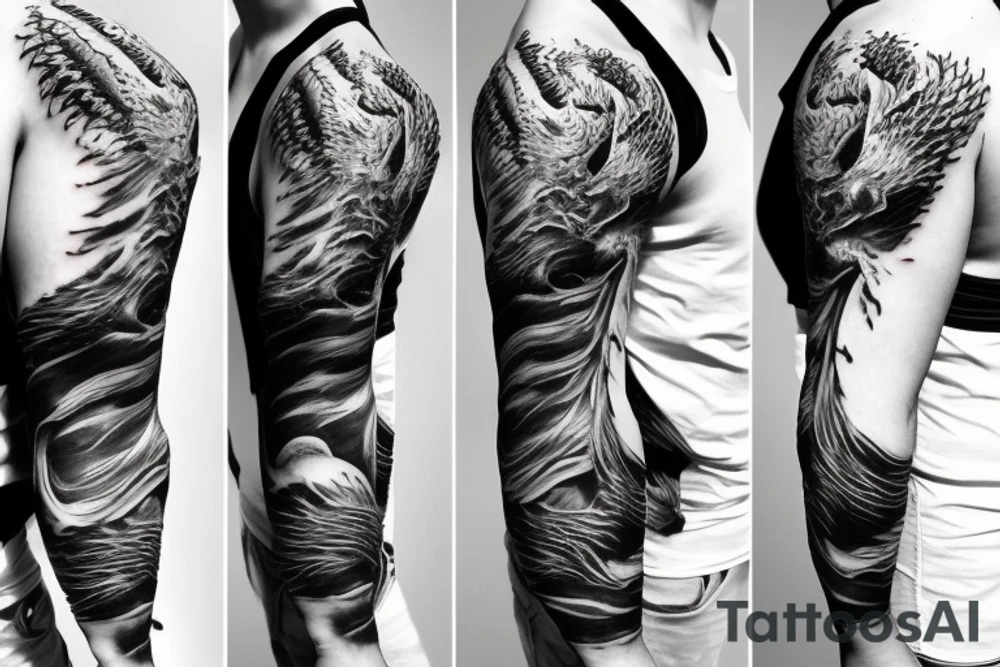 shoulder sleeve tattoo white dragon climbing ridgeline with sharp claws breaking rocks away, silky hair.

high detail
short hair
abstract empty spaces tattoo idea
