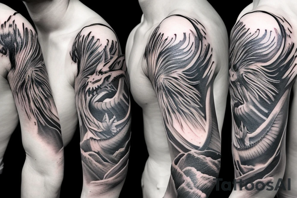 shoulder sleeve tattoo white dragon climbing ridgeline with sharp claws breaking rocks away, silky hair.

high detail
short hair
abstract empty spaces tattoo idea