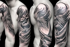 shoulder sleeve tattoo white dragon climbing ridgeline with sharp claws breaking rocks away, silky hair.

high detail
short hair
abstract empty spaces tattoo idea