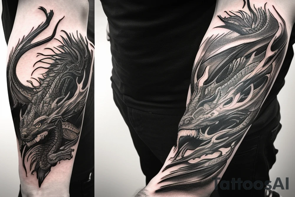 shoulder sleeve tattoo black and gold dragon climbing ridgeline with sharp claws breaking rocks away, silky hair.

high detail
short hair
abstract empty spaces tattoo idea