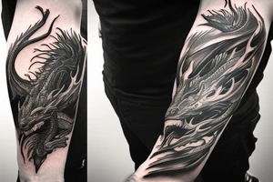shoulder sleeve tattoo black and gold dragon climbing ridgeline with sharp claws breaking rocks away, silky hair.

high detail
short hair
abstract empty spaces tattoo idea