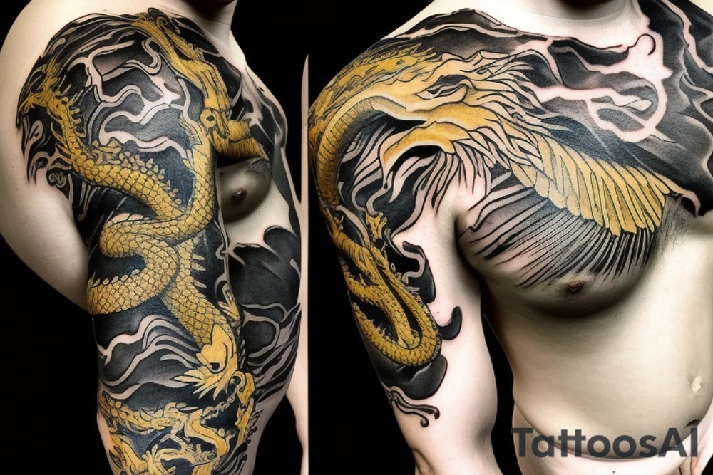 shoulder sleeve tattoo black and gold dragon climbing ridgeline with sharp claws breaking rocks away, silky hair.

high detail
short hair
abstract empty spaces tattoo idea