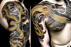 shoulder sleeve tattoo black and gold dragon climbing ridgeline with sharp claws breaking rocks away, silky hair.

high detail
short hair
abstract empty spaces tattoo idea
