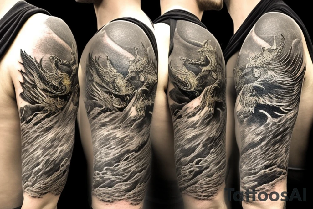shoulder sleeve tattoo black and gold dragon climbing ridgeline with sharp claws breaking rocks away, silky hair.

high detail
short hair
abstract empty spaces tattoo idea