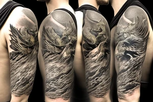 shoulder sleeve tattoo black and gold dragon climbing ridgeline with sharp claws breaking rocks away, silky hair.

high detail
short hair
abstract empty spaces tattoo idea