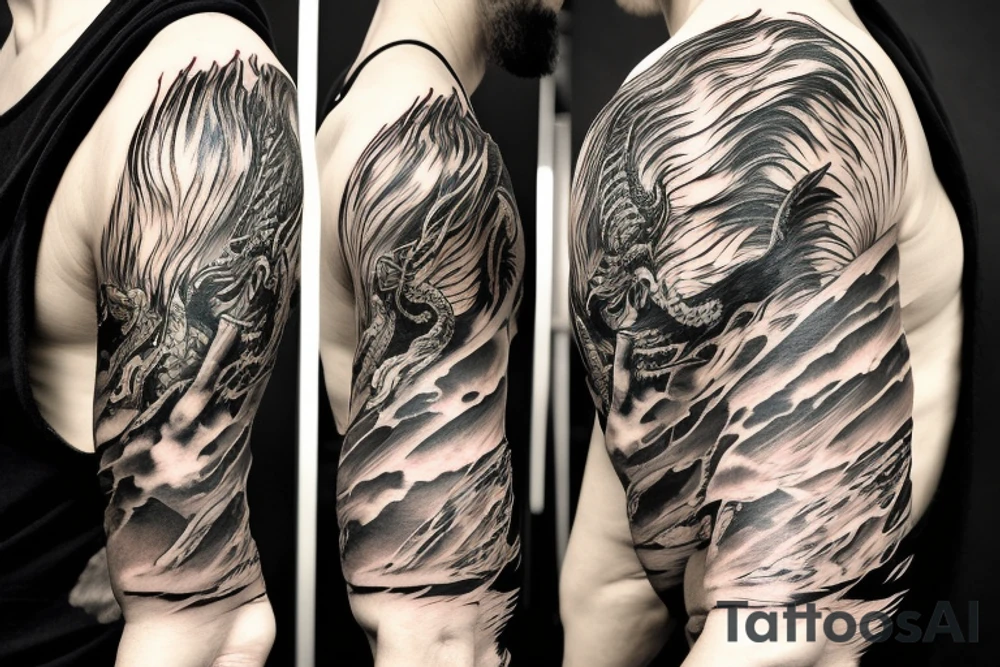 shoulder sleeve tattoo black and gold dragon climbing ridgeline with sharp claws breaking rocks away, silky hair.

high detail
short hair
abstract empty spaces tattoo idea