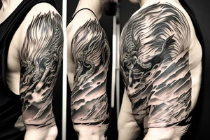 shoulder sleeve tattoo black and gold dragon climbing ridgeline with sharp claws breaking rocks away, silky hair.

high detail
short hair
abstract empty spaces tattoo idea