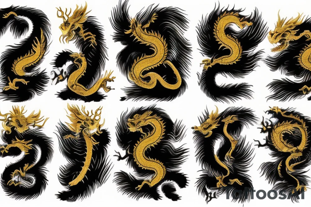 shoulder sleeve tattoo black and gold chinese dragon climbing ridgeline with sharp claws breaking rocks away, silky hair.

high detail
short hair
abstract empty spaces tattoo idea