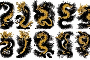 shoulder sleeve tattoo black and gold chinese dragon climbing ridgeline with sharp claws breaking rocks away, silky hair.

high detail
short hair
abstract empty spaces tattoo idea