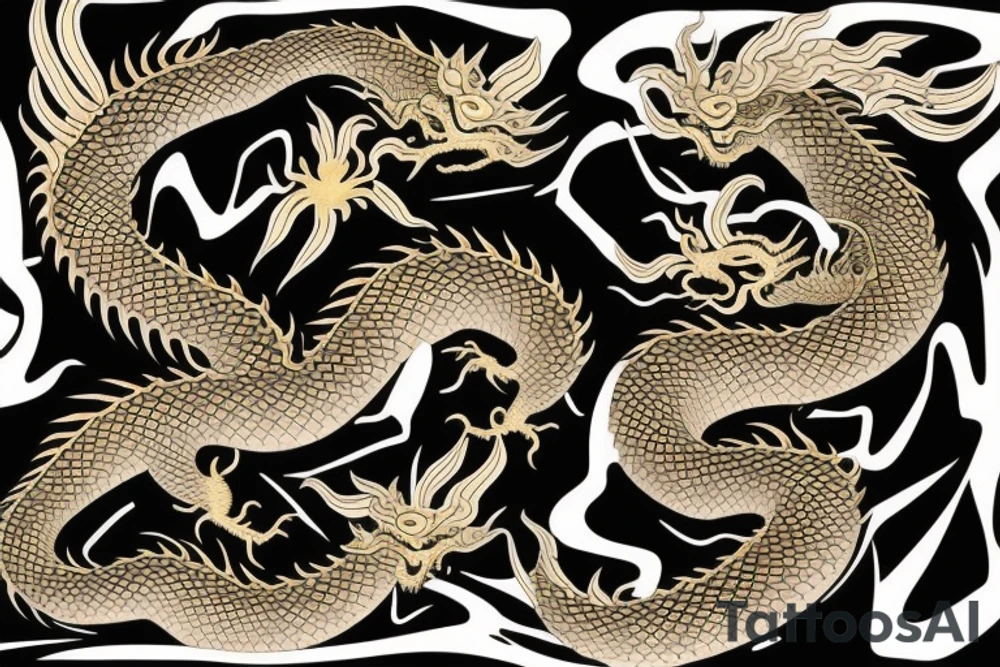 shoulder sleeve tattoo black and gold chinese dragon climbing ridgeline with sharp claws breaking rocks away, silky hair.

high detail
short hair
abstract empty spaces tattoo idea
