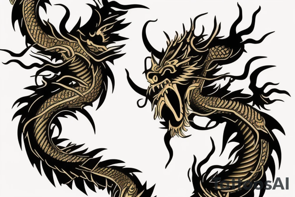 shoulder sleeve tattoo black and gold chinese dragon climbing ridgeline with sharp claws breaking rocks away, silky hair.

high detail
short hair
abstract empty spaces tattoo idea