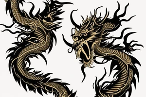 shoulder sleeve tattoo black and gold chinese dragon climbing ridgeline with sharp claws breaking rocks away, silky hair.

high detail
short hair
abstract empty spaces tattoo idea