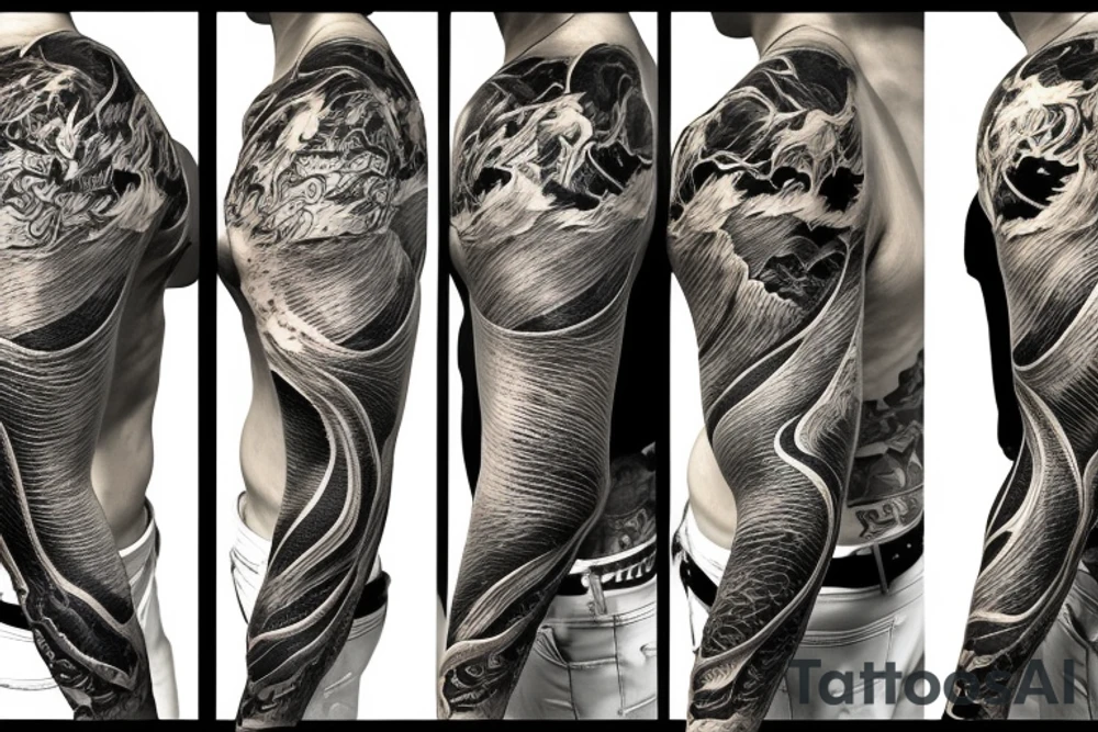 shoulder sleeve tattoo black and gold chinese dragon climbing ridgeline with sharp claws breaking rocks away, silky hair.

high detail
short hair
abstract empty spaces tattoo idea