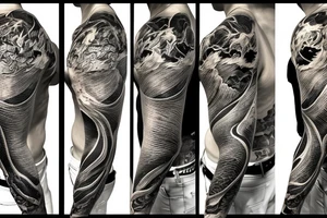shoulder sleeve tattoo black and gold chinese dragon climbing ridgeline with sharp claws breaking rocks away, silky hair.

high detail
short hair
abstract empty spaces tattoo idea