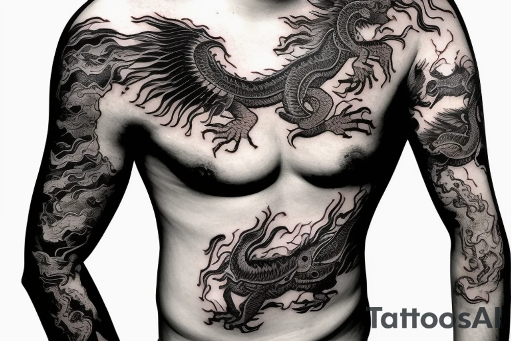 shoulder sleeve tattoo black chinese dragon climbing ridgeline with sharp claws breaking rocks away, silky hair.

high detail
short hair
abstract empty spaces tattoo idea