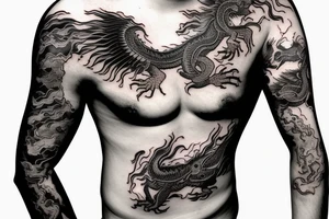 shoulder sleeve tattoo black chinese dragon climbing ridgeline with sharp claws breaking rocks away, silky hair.

high detail
short hair
abstract empty spaces tattoo idea