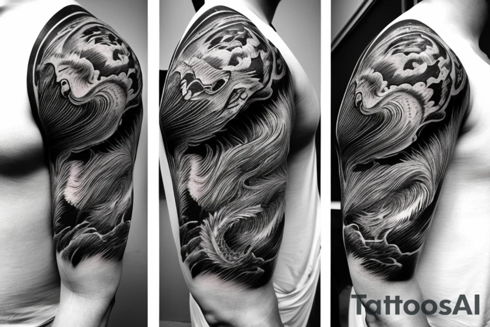 shoulder sleeve tattoo black chinese dragon climbing ridgeline with sharp claws breaking rocks away, silky hair.

high detail
short hair
abstract empty spaces tattoo idea