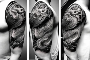 shoulder sleeve tattoo black chinese dragon climbing ridgeline with sharp claws breaking rocks away, silky hair.

high detail
short hair
abstract empty spaces tattoo idea