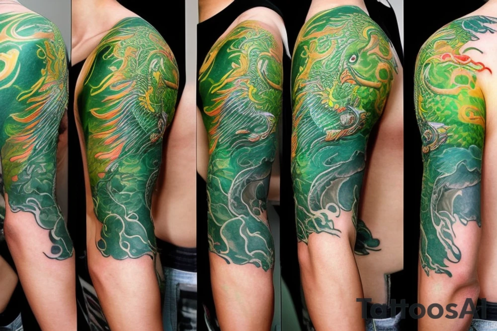 shoulder sleeve tattoo green chinese dragon climbing ridgeline with sharp claws breaking rocks away, silky hair.

high detail
short hair
abstract empty spaces tattoo idea