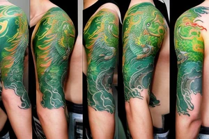 shoulder sleeve tattoo green chinese dragon climbing ridgeline with sharp claws breaking rocks away, silky hair.

high detail
short hair
abstract empty spaces tattoo idea