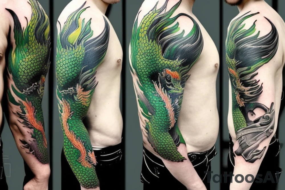 shoulder sleeve tattoo green chinese dragon climbing ridgeline with sharp claws breaking rocks away, silky hair.

high detail
short hair
abstract empty spaces tattoo idea