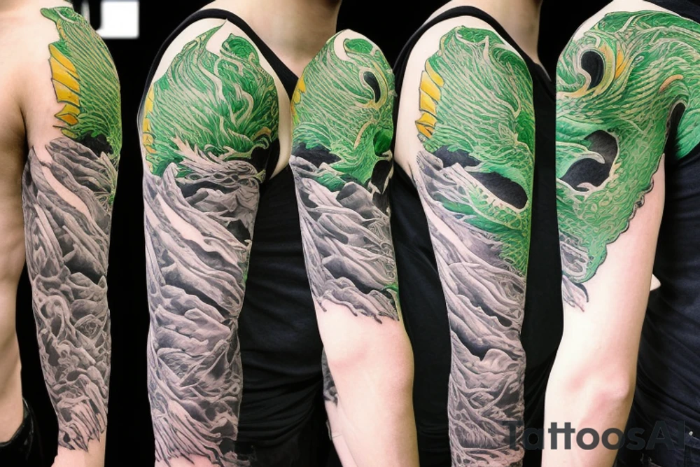 shoulder sleeve tattoo green japanese dragon climbing ridgeline with sharp claws breaking rocks away, silky hair.

high detail
short hair
abstract empty spaces tattoo idea