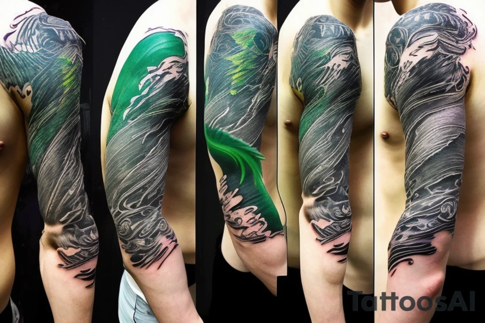 shoulder sleeve tattoo green japanese dragon climbing ridgeline with sharp claws breaking rocks away, silky hair.

high detail
short hair
abstract empty spaces tattoo idea
