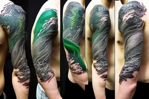 shoulder sleeve tattoo green japanese dragon climbing ridgeline with sharp claws breaking rocks away, silky hair.

high detail
short hair
abstract empty spaces tattoo idea