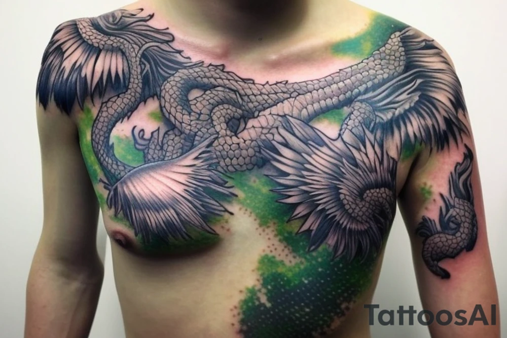 shoulder sleeve tattoo green japanese dragon climbing ridgeline with sharp claws breaking rocks away, silky hair

https://allabouttattoo.com/japanese-dragon-tattoo/

high detail
short hair
abstract empty spaces tattoo idea